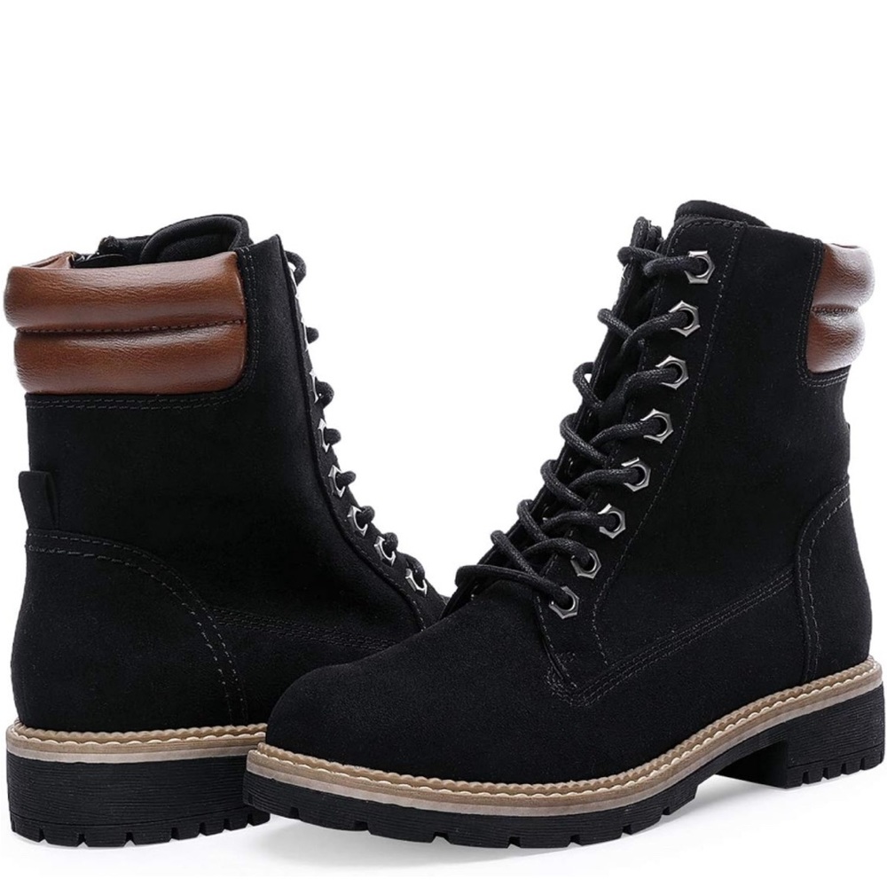TIHOO Women’s Lace Up Work Combat Boots Low Heel Ankle Bootie (10 M US, Black)